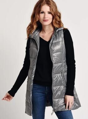 My Anorak Metallic Silver Long-Line Double Zipper Down Puffer Vest, Size XS